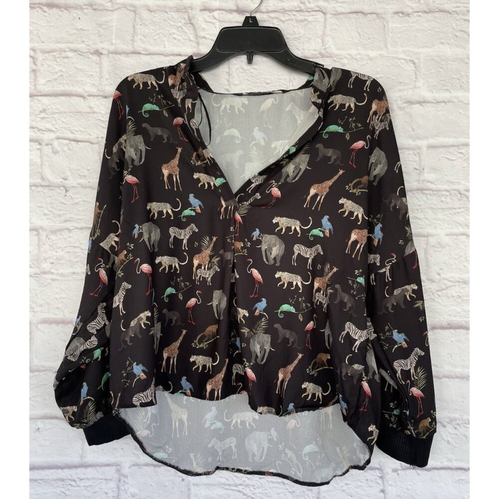 Zara Basic Women's Animal Print Shirt Black Pullover Blouse Size Large